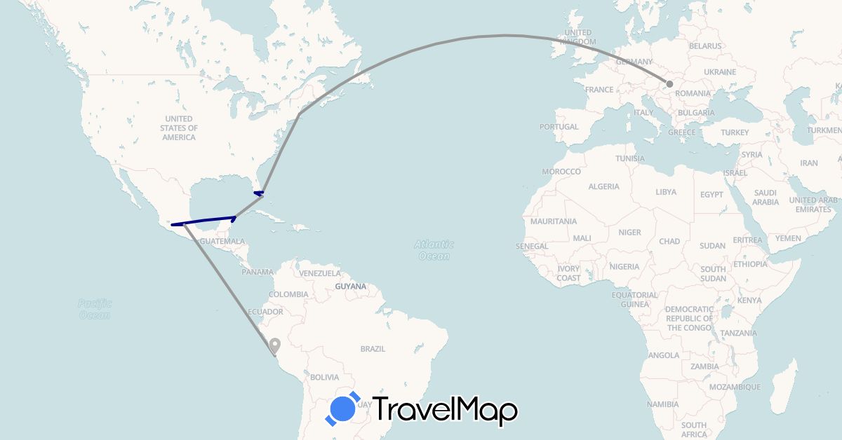 TravelMap itinerary: driving, plane in Hungary, Mexico, Peru, United States (Europe, North America, South America)